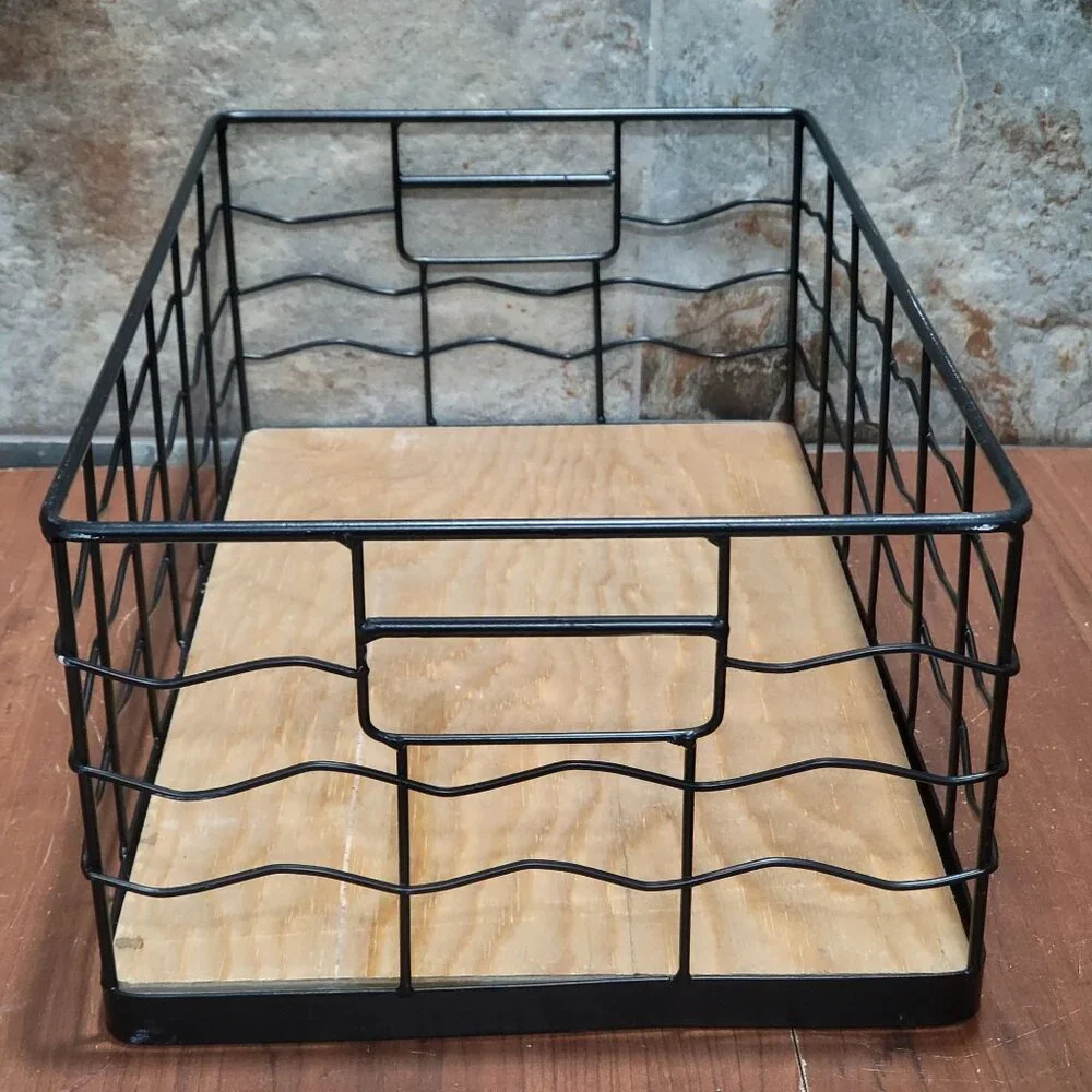 Decorative Black Wire Basket with Natural Wood Board Base